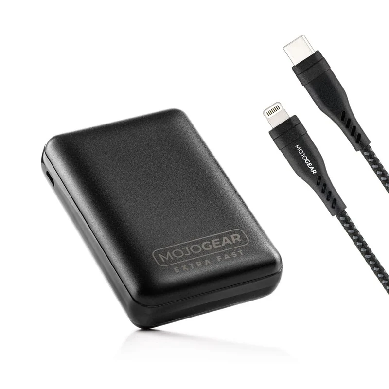 MOJOGEAR Schnellladeset für iPhone & iPad: 10.000 mAh MINI Extra Fast Power Bank + Lightning-auf-USB-C-Kabel