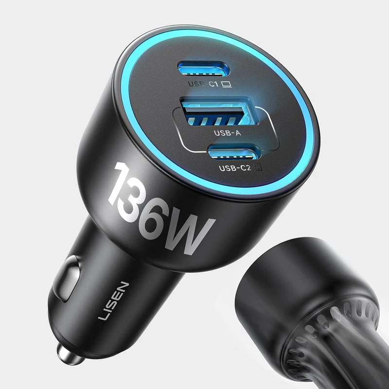 LISEN 136W Super Fast Charge Car Charger USB C PD 100W for Macbook Pro Air HP 14 iPhone 18 Pro Max Duo 3-Port Cigarette Lighter USB Charger