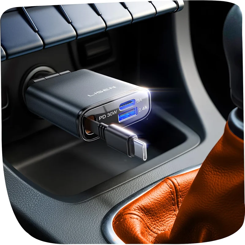 LISEN Compact 3 in 1 Retractable Car Phone Charger USB C Fast Charge 57W Cigarette Lighter USB Charger 80cm Type-C Cable, 12/24V Car Adapter Socket Car Accessories