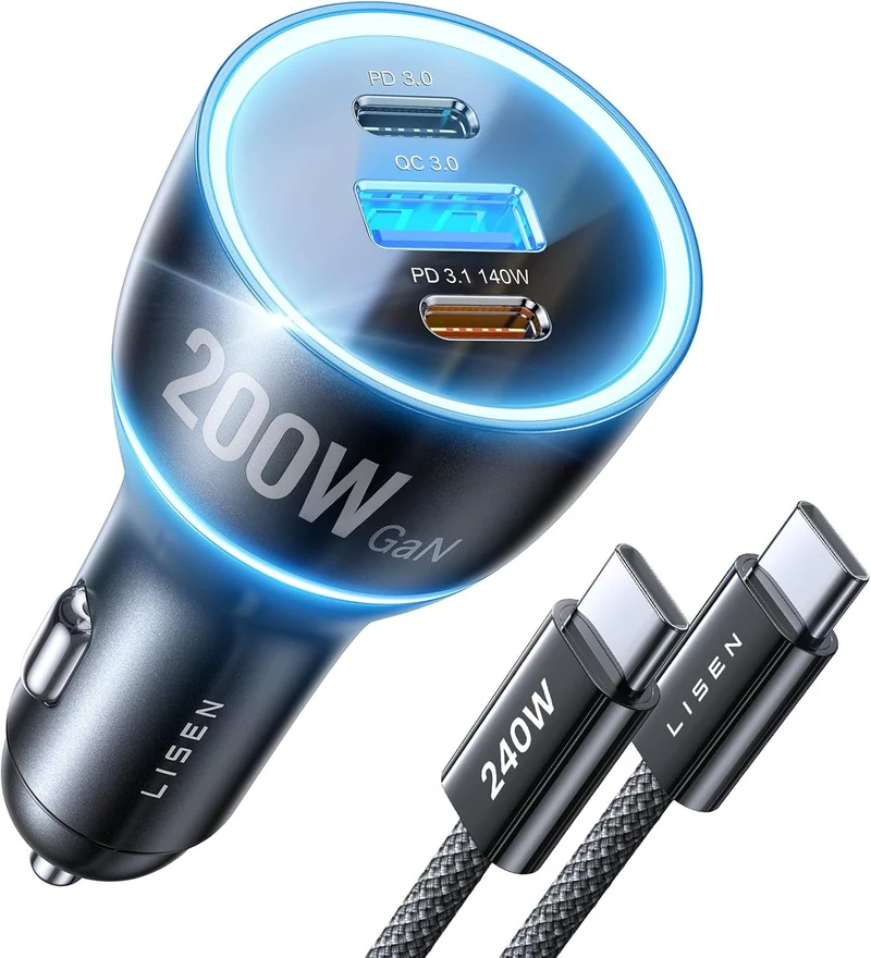 LISEN 200W Car Charger USB C Fast Charge [GaN] PD 140W Fast Car Charger