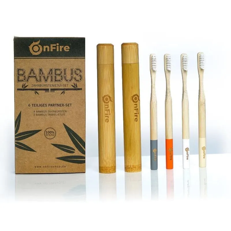 Bambus-Set, 4 Zahnbürsten + 2 Reiseetuis