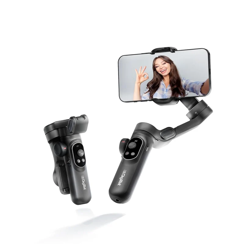 Digitek (DSG-010 PRO) 3-Axis Black Smartphone Gimbal Pocket Size Foldable with Wireless Charging, 8 Creative Filming Modes, OLED Display & AI Face/Object Tracking, Android & iOS