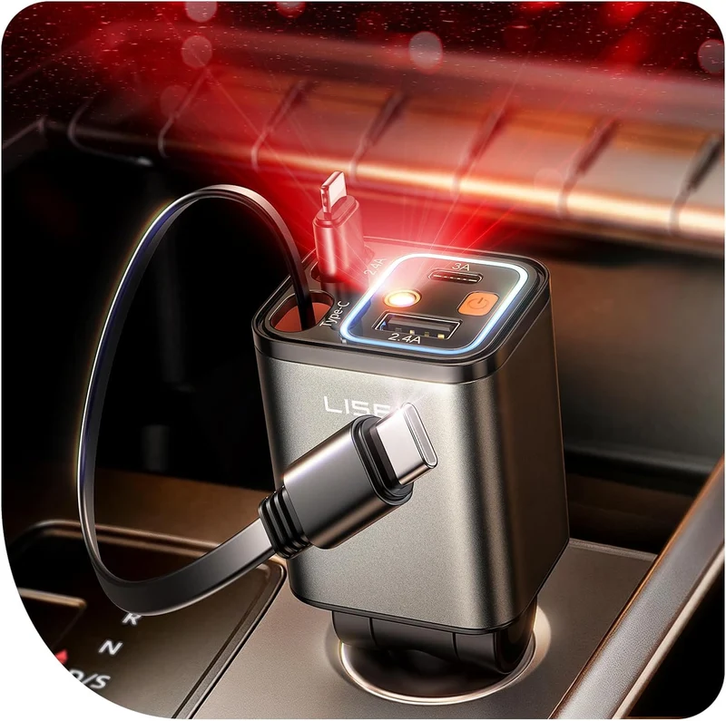 LISEN 4-in-1 Starlight einziehbares Kfz-Ladegerät, 75W USB-C Zigarettenadapter Schnellladung