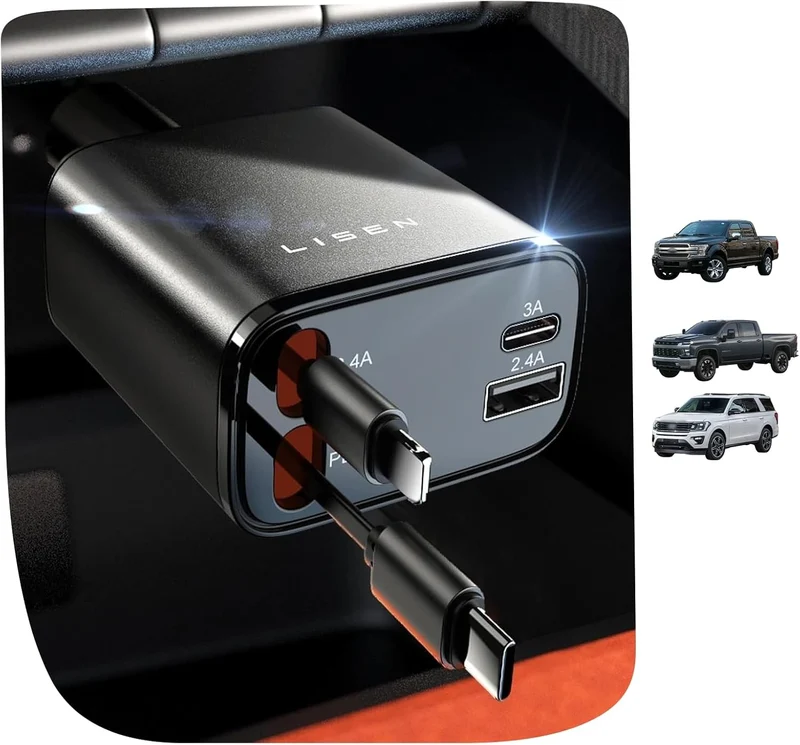 LISEN Einziehbares Auto-Ladegerät, [2026 Upgrade 127 cm] Langes 4-in-1 Einziehbares Kabel Auto-Ladegerät