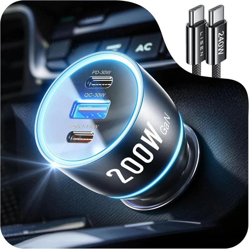 LISEN 200W Laptop USB C Kfz-Ladegerät, schnellladend, 3 Anschlüsse, Zigarettenanzünder-Adapter PD3.1