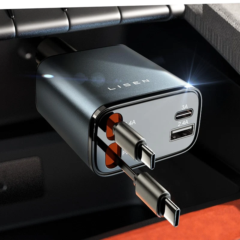 LISEN Einziehbares Autoladegerät, Dual USB C Einziehbares Kabel Schnelles Auto-Ladegerät