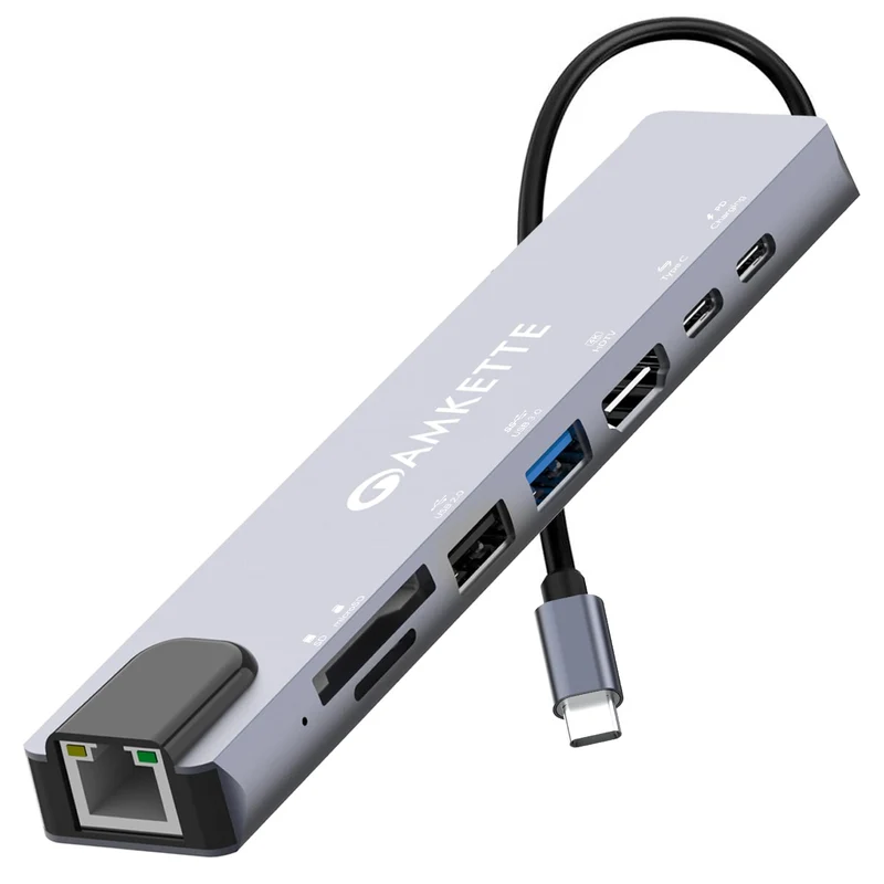 Amkette 8-in-1 Type C Hub/Docking Station with HDMI 60Hz,Data Transfer Multiport Adapter, 100W Power Delivery 4K HDMI,USB 3.0,100MBPS Ethernet,SD/TF Card Reader,for All Type C Devices-MacBook,Laptop