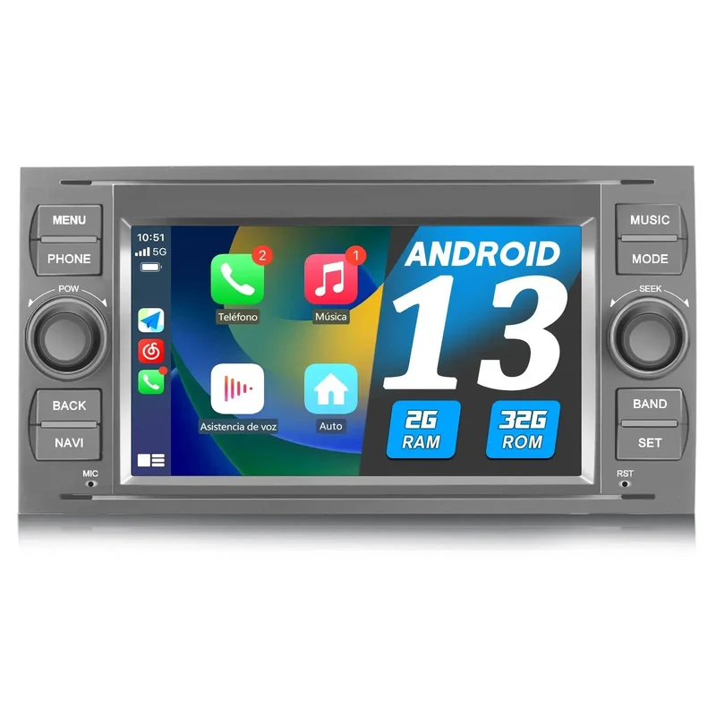 AWESAFE Android 13 2GB+32GB Radio Coche con Pantalla Táctil 7 Pulgadas para Ford Focus Mondeo Fiesta, Autoradio con Carplay/Android Auto/Bluetooth/GPS/FM, Apoya Mandos Volante (Plata)