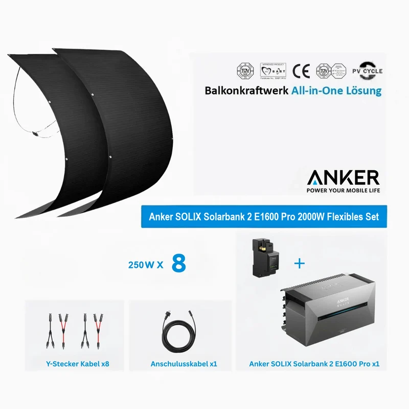 Anker SOLIX Solarbank 2 E1600 Pro Storage 8 × 250W flexible solar modules 1,6 kWh