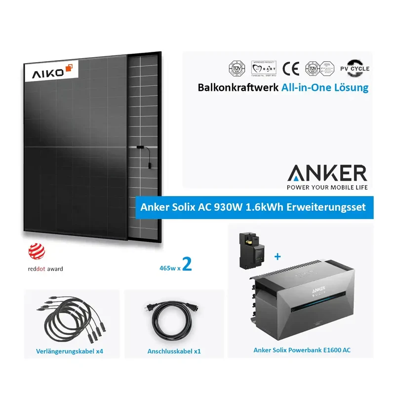 Anker SOLIX Solarbank 2 E1600 AC Expansion Set 1,6 kWh 2 × 465W Aiko Glass-Glass Full Black