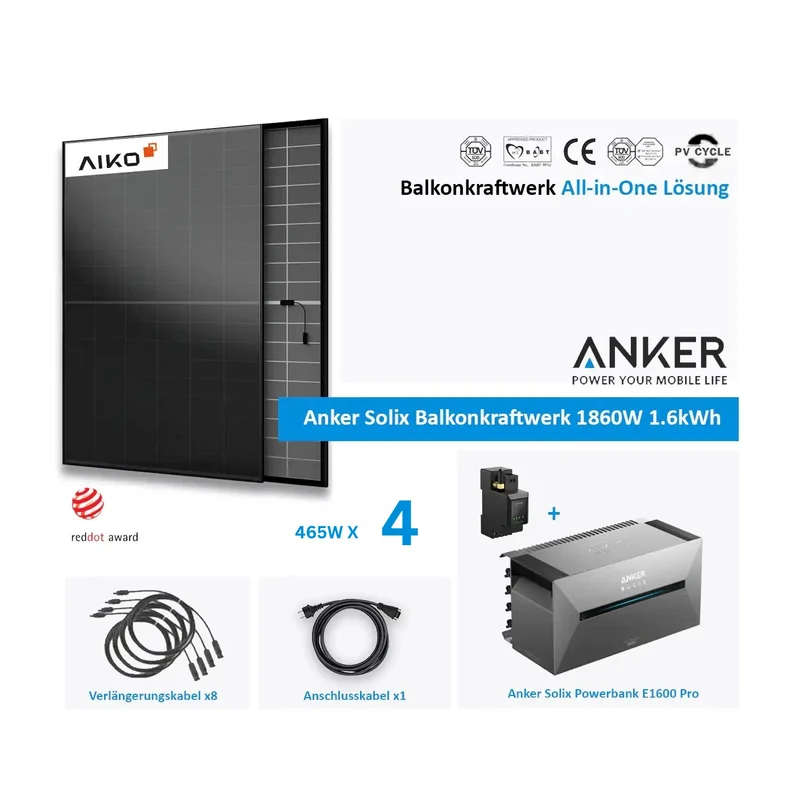 Anker Solix Balcony power plant 1860W 4 × 465W Aiko glass-glass all black with storage