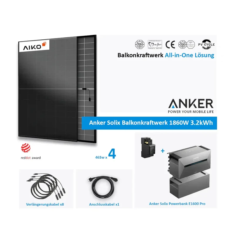 Anker Solix Balcony power plant 1860W 4 × 465W Aiko glass-glass all black with 3,2 kWh storage