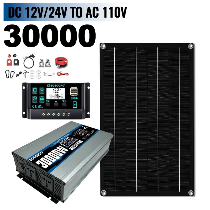 SOECOPO 30000W Solar System Kit 600W Photovoltaic Panel Inverter 12V/24V To 110V/220V with 100A Controller for Home Camping