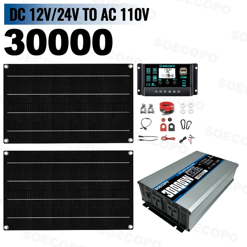 SOECOPO 30000W Easy-Install Flexible Solar Kit 2×600W Panel 100A Controller 110V 220V Inverter for Car,RV,Boat/Home Backup Power