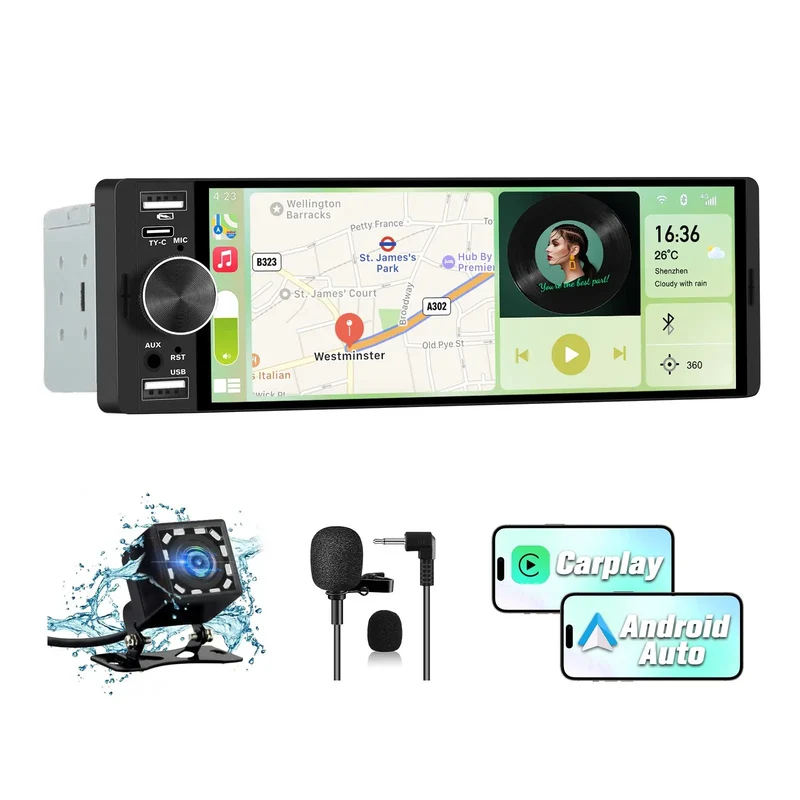 AWESAFE Radio Auto 1-DIN Cu CarPlay, Android Auto, Ecran IPS 6,28", Cameră De Marșarier, Navigație Online, Bluetooth, USB, AUX și Comenzi Pe Volan