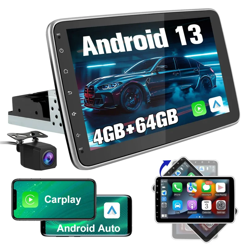 AWESAFE Radio Auto Android 1-DIN 4 GB + 64 GB cu Ecran Tactil 10,1", CarPlay, Android Auto, Bluetooth, Navigație, Wi-Fi, Comenzi pe Volan, DAB+ și Cameră de Marșarier