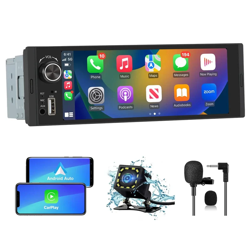 AWESAFE Radio auto 1-DIN cu ecran tactil IPS 6,36", CarPlay, Android Auto, comenzi pe volan, cameră de marșarier, USB, microfon extern și RDS