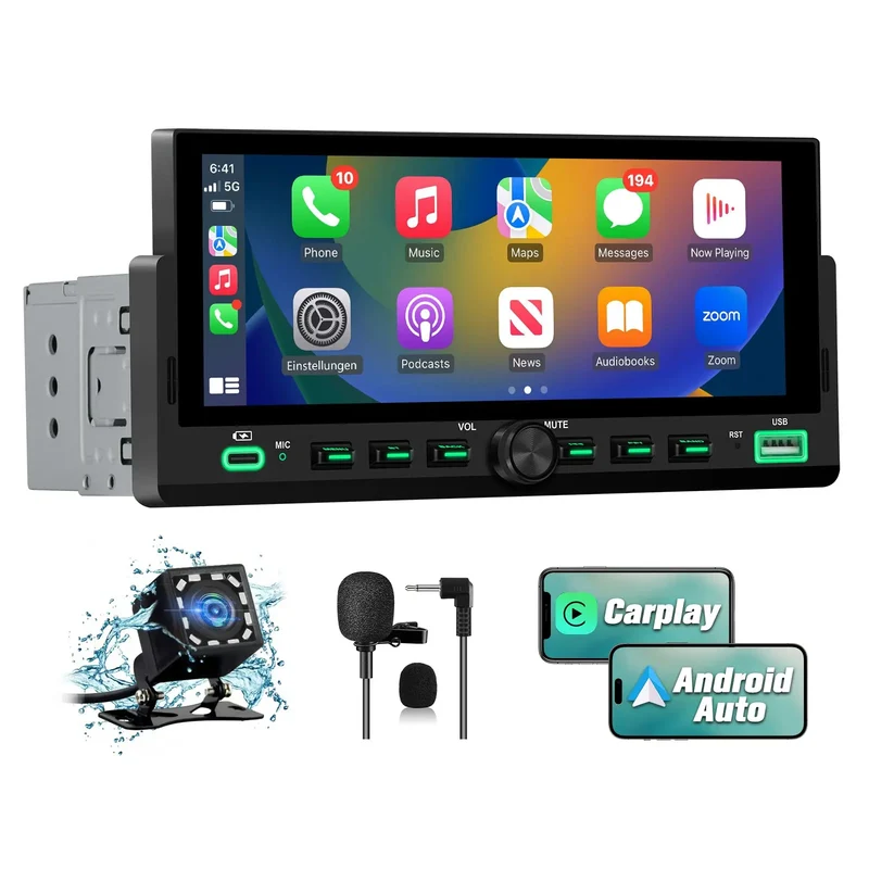 AWESAFE Radio Auto 1-DIN cu CarPlay și Android Auto Wireless, Ecran Tactil 6,86", Cameră de Marșarier, GPS, Bluetooth