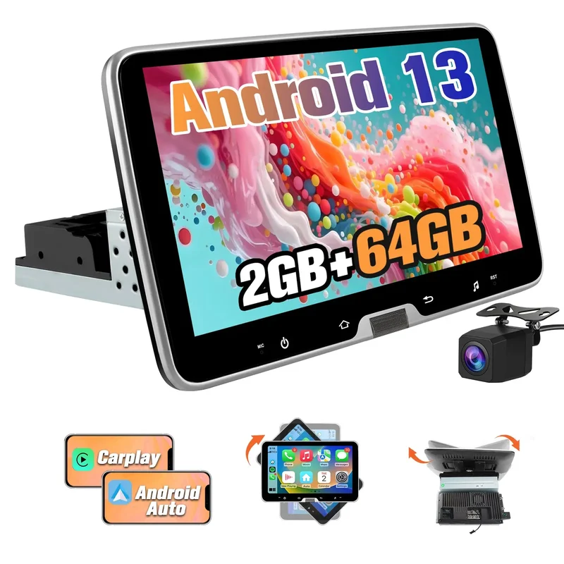 AWESAFE Android 13.0 [2GB+64GB] Radio Coche 1 DIN Universal con Pantalla Táctil Inclinable y Giratoria de 10.1 Pulgadas, Autoradio Admite CarPlay/Android Auto/MirrorLink/WiFi/GPS/Bluetooth/RDS/USB/FM