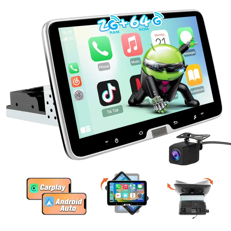 AWESAFE Autoradio 1 Din Universel Android 13 Écran Tactile Amovible 10,1 Pouces 2Go+64Go CarPlay & Android Auto Caméra de Recul Bluetooth WiFi FM RDS Mirror Link Autoradio Multimédia