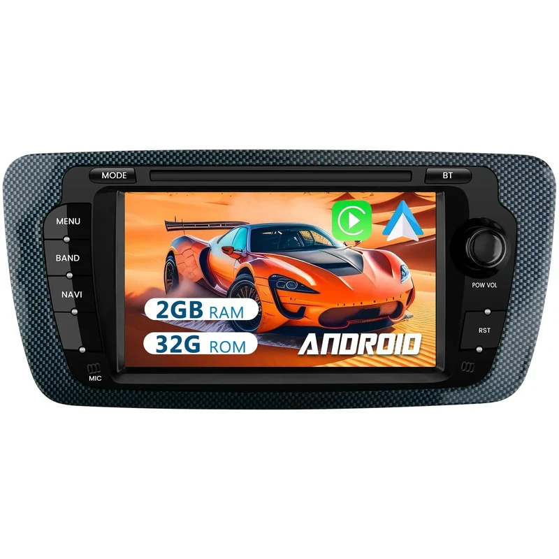 AWESAFE Autoradio Android pentru Seat Ibiza 2009–2013, 2 GB + 32 GB, cu ecran tactil de 7", CarPlay, Android Auto, Bluetooth, navigație, control de pe volan, radio FM și funcție Split Screen