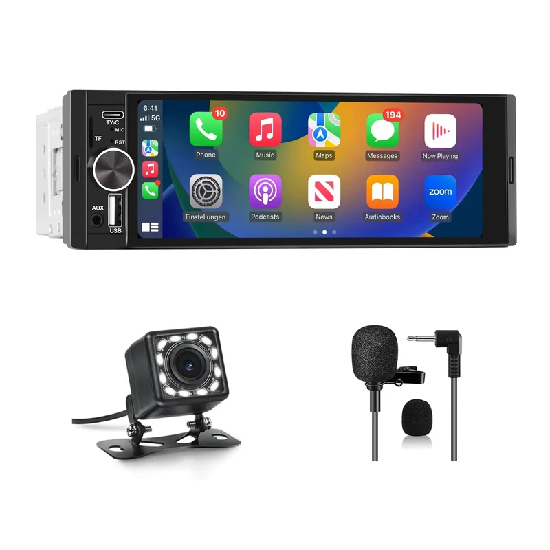AWESAFE Radio auto 1 DIN inteligent cu ecran tactil de 6,36", cameră de marșarier, CarPlay și Android Auto cu conexiune prin cablu și wireless, control de pe volan, slot SD, port USB și microfon extern