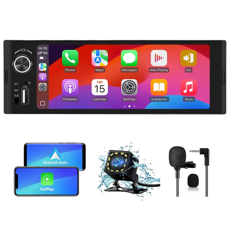 AWESAFE 1-DIN Autoradio mit 6,36 Zoll IPS-Touchscreen CarPlay Android Auto Lenkradsteuerung, Rückfahrkamera-Anschluss, USB, externes Mikrofon & RDS