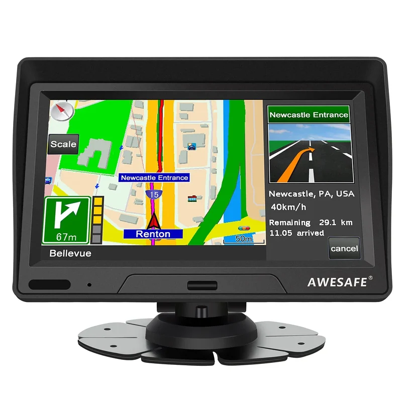 AWESAFE 7-Zoll-Navigationsgerät für das Auto – Touchscreen, FM-Transmitter, Sonnenblende, aktuelles Kartenmaterial für 2025