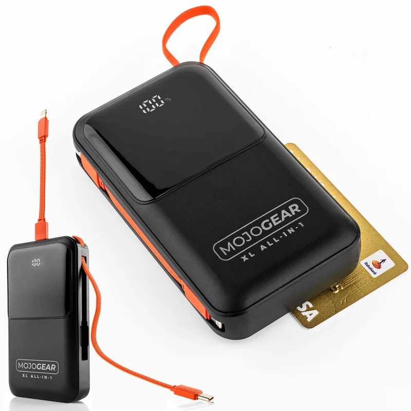 MOJOGEAR XL All-in-1 Powerbank 20.000 mAh mit integrierten Lightning- und USB-C-Kabeln
