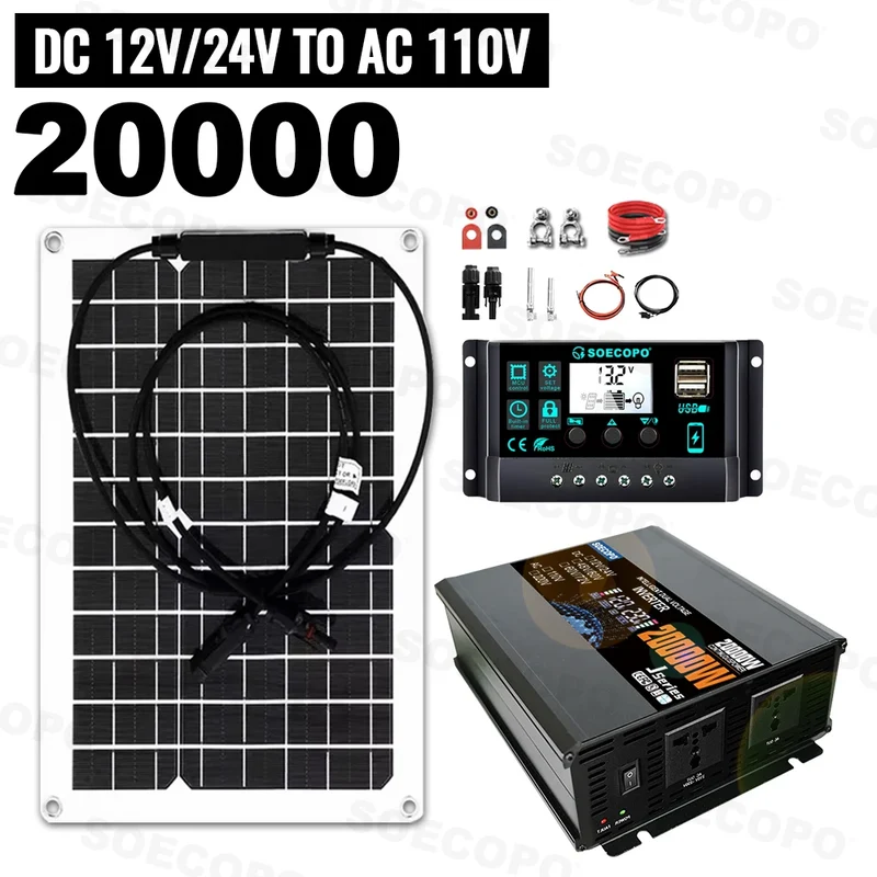 20000W Peak Solar System Kit 600W Panel DC 12V/24V To AC 110V/220V Inverter 100A Controller Complete Off Grid for Home Camping