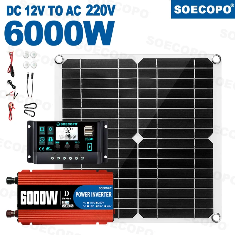 Multi-Protection No Noise 6000W Solar kit 300W Panel 100A Controller Inverter with Overload for car Emergency Prep RV Greenhouse
