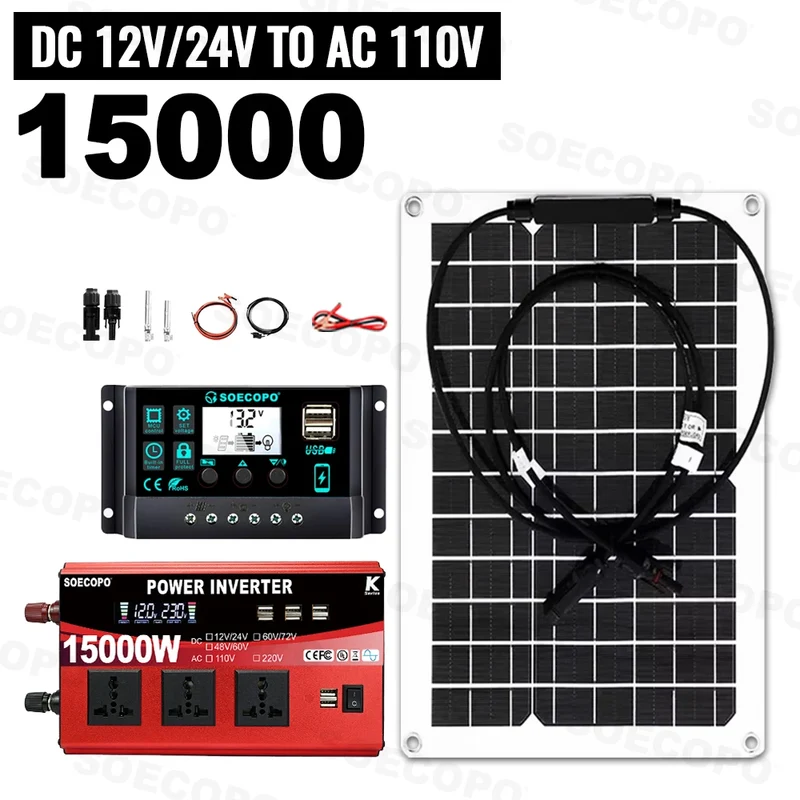 15000W Peak Solar System Kit 600W Panel DC 12V/24V To AC 110V/220V Inverter 100A Controller Complete Off Grid For Camping/Home