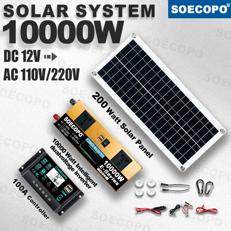 Intelligent Dual-Voltage 10000W Solar System 200W High-Efficiency Panel 100A Controller Inverter for farm car Field Research