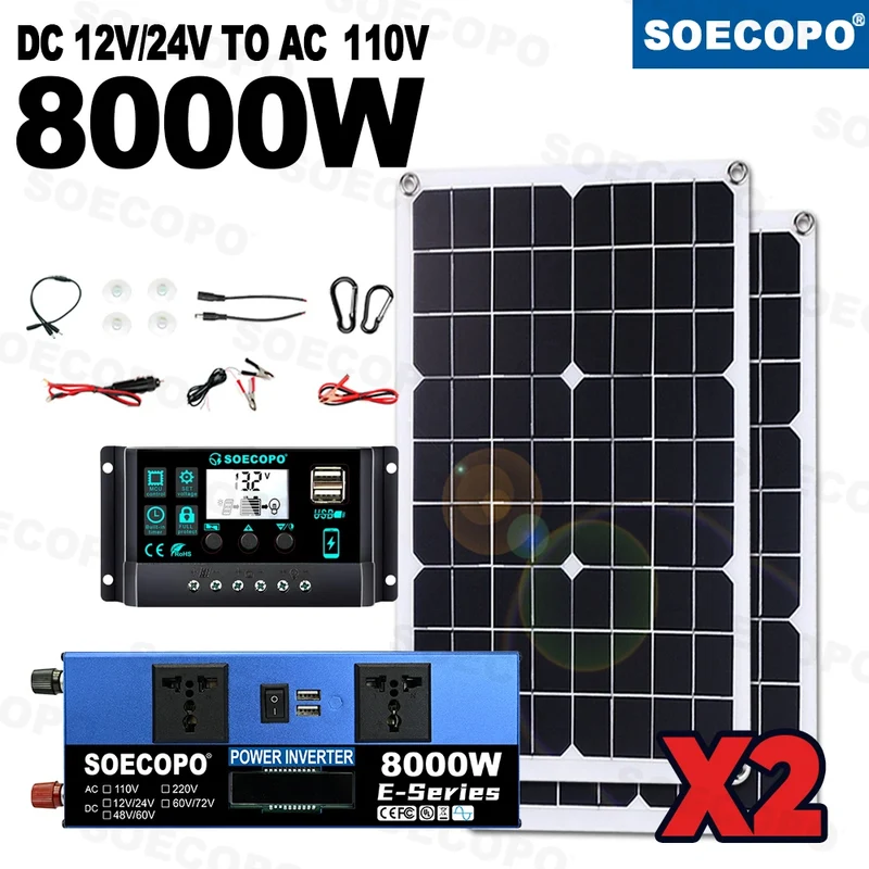 Easy Install Intelligent 8000W Peak Full Solar System Kit 2x500W Panel 100A Controller Inverter Generator for Home travel party