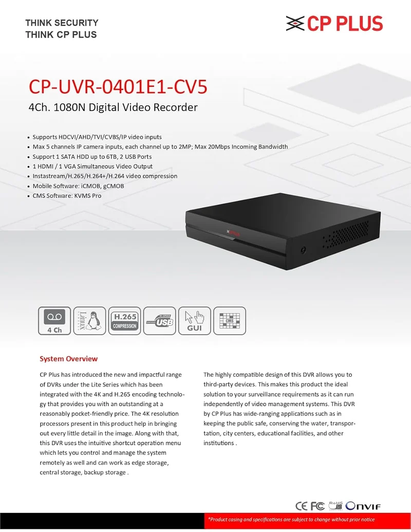 CP Plus 4 Channel DVR 1080N Digital Video Recorder CP-UVR-0401E1-CV5, Upto 2.4 MP Cameras Compatible, Black