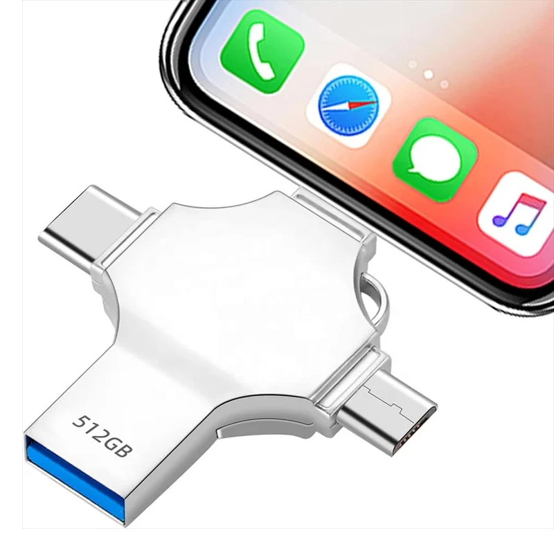 TECHNOVIEW Flash Drive 512GB 4 in 1 Pendrive with Light-ning, Micro USB, USB A, Type-C Interface Mini Hangable Pen Drive for iOS & Android Compatible with Phone, Pad, Android, PC and More Devices