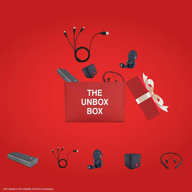 iBall The UNbox Box Premium Electronics Gift Hamper (1 Nano Earwear B10, 1 Earwear Base Neckband, 1 LPS 10000 Power Bank, 3 in 1 Charging Cable, 1 Musi Play Speaker)