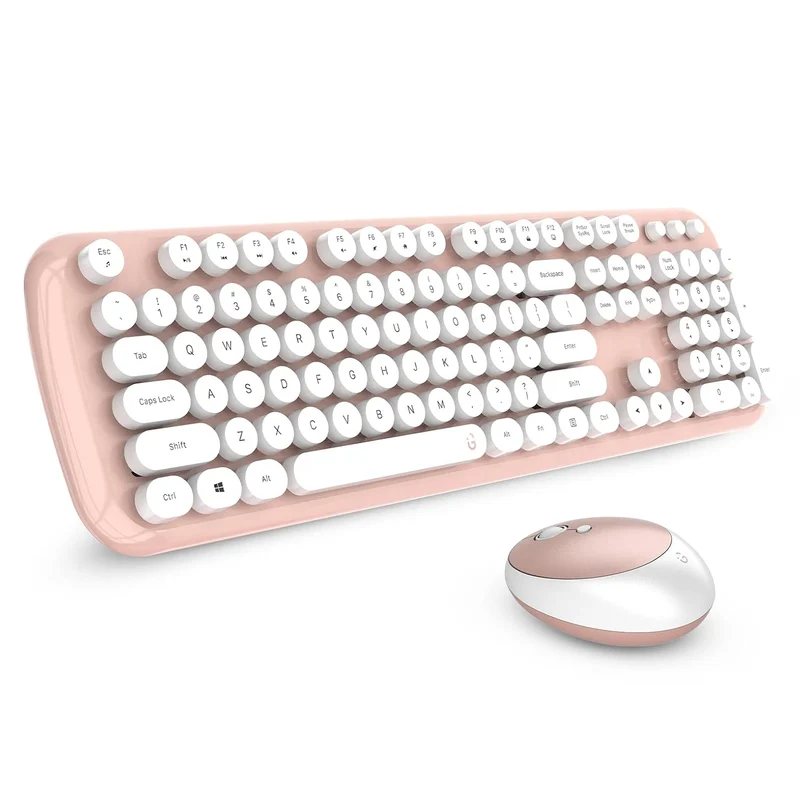 iGear KeyBee Retro Typewriter Inspired 2.4GHz Wireless Keyboard with Mouse Combo for Desktop/Laptop and Devices with USB Support, Single Nano Receiver, Round Keycaps, Cleaning Brush (Gold White)