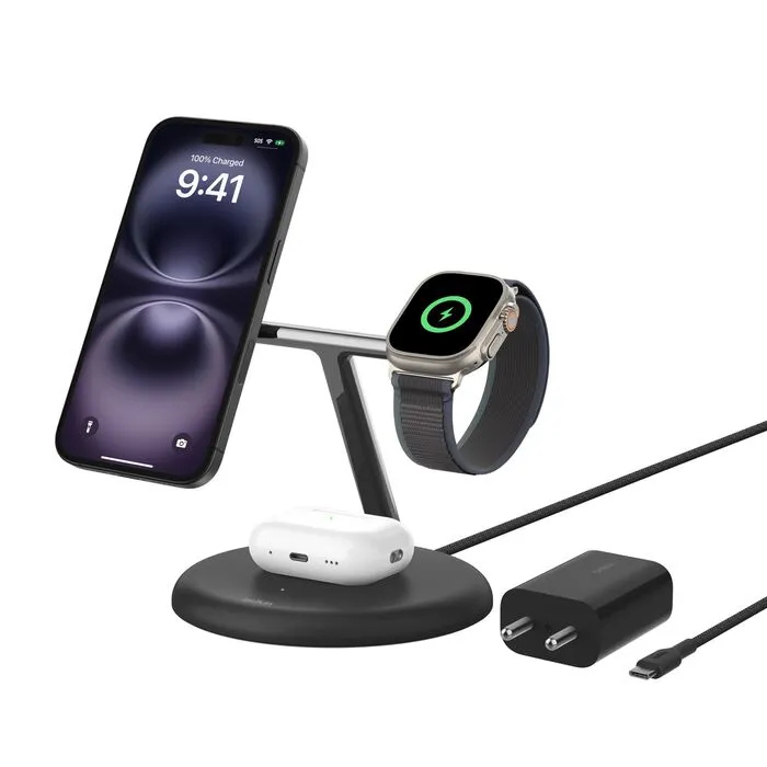Belkin MagSafe 3-in-1 Qi2 Wireless Charger Stand 15W | Fast Charging iPhone Charger for iPhone 16, 15, 14 & 13 Series, AirPods, & Apple Watch | 36W Charger Included | Black