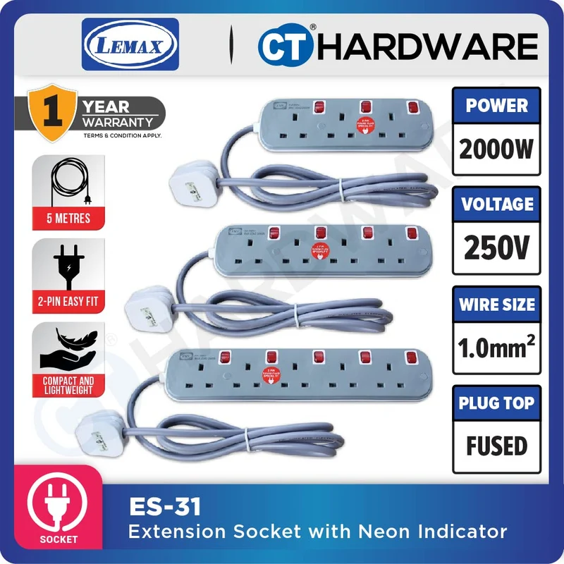 LMX ES3135M | ES3145M | ES3155M EXTENSION SOCKET WITH NEON INDICATOR 5 METER | 13A | 3-5 GANG [ BLISTER CARD ]