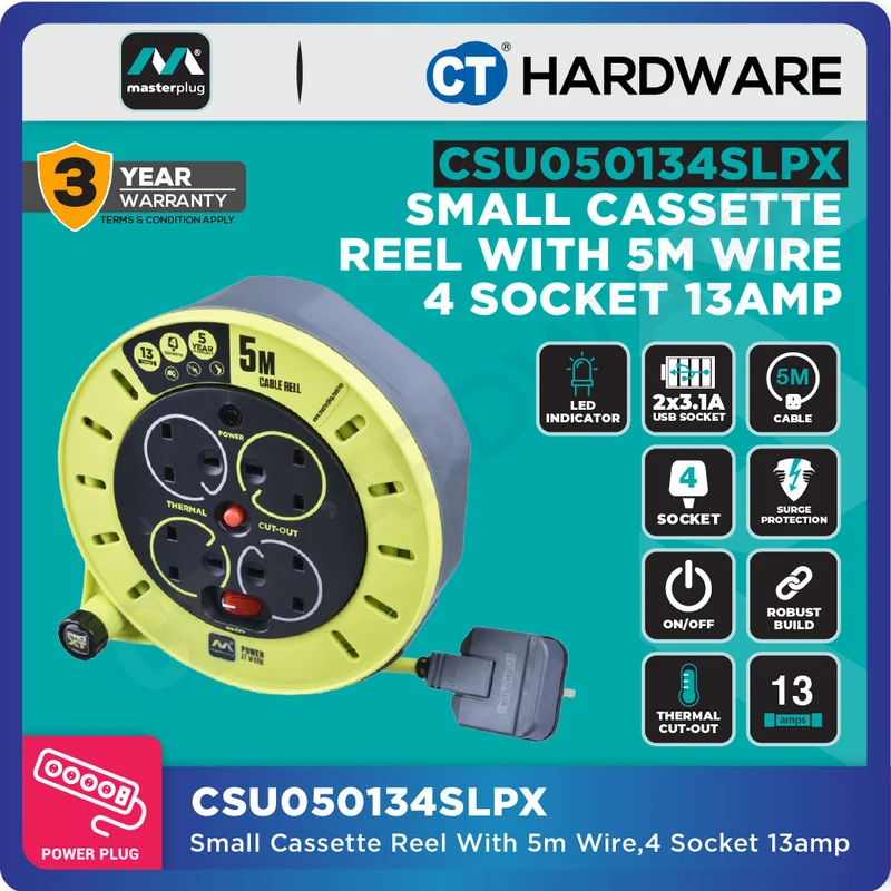 MASTERPLUG CSU050134SLPX SMALL CASSETTE REEL WITH 5M WIRE,4 SOCKET 13AMP