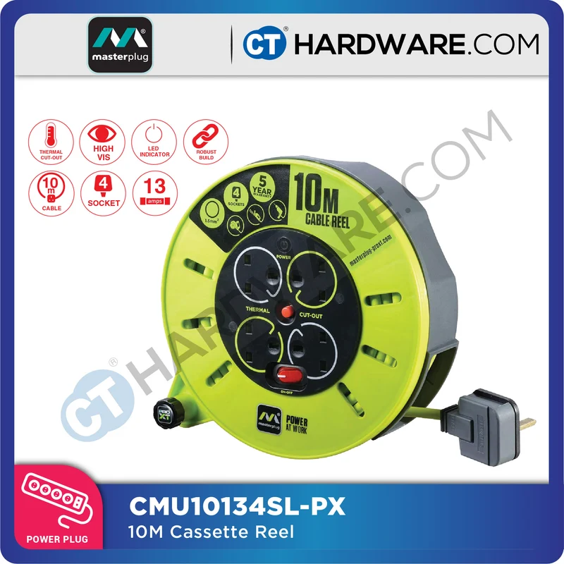 Masterplug Cassette Reel With 10M Green Wire,4 Socket 13Amp CMU10134SL-PX