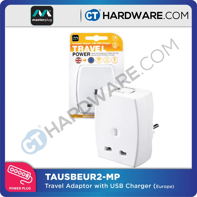 Masterplug TAUSBEUR2MP Travel Adaptor Europe with USB Charger 13A