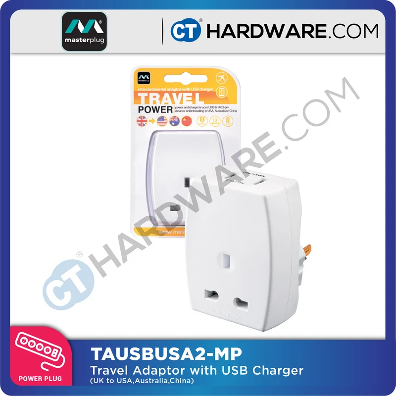 Masterplug TAUSBUSA2MP Travel Adapter 13A USB Charger for USA/China/Australia