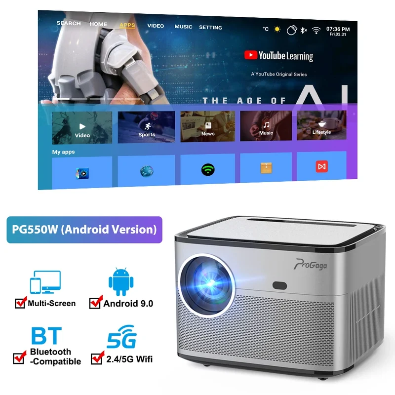 PROGAGA PG550W Proyector Auto Focus Full HD 1080P Projetor 4K Android WiFi PG550 Portable Projector Home Theater Cinema Beam