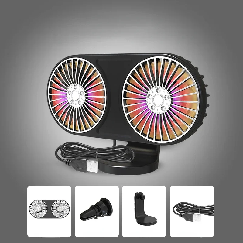 Car Multi-function Double-head Fan 3-block Wind Speed Adjustable USB Fan Creative Car Air Outlet Fan Two Installation Methods