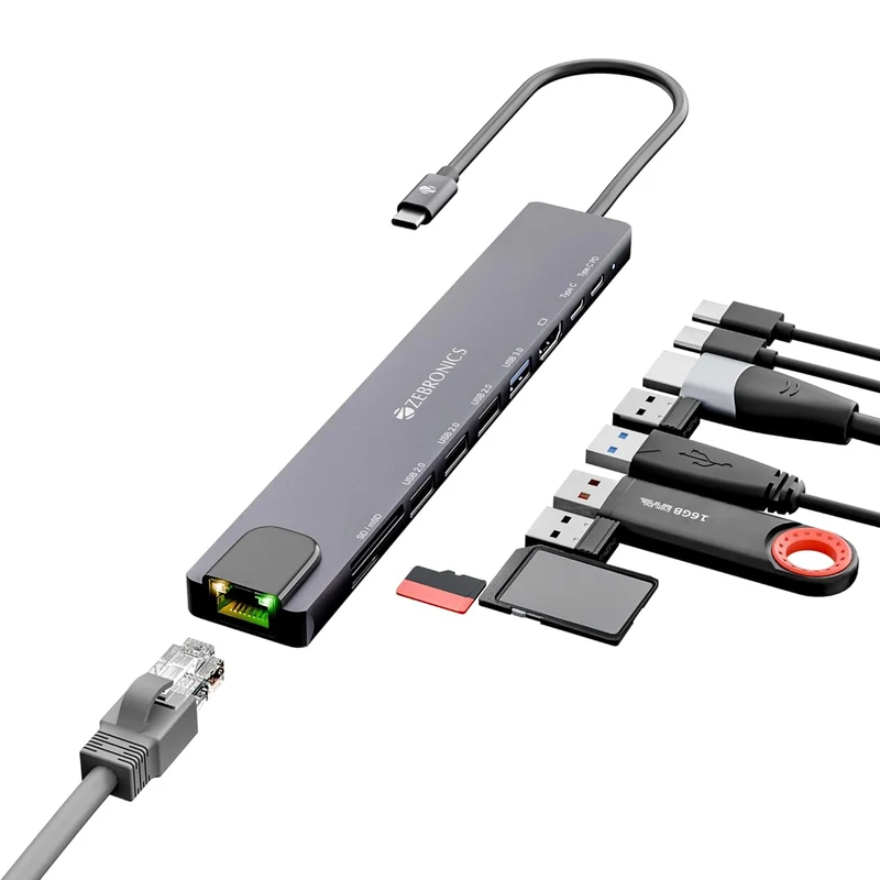 ZEBRONICS CT101, 10 in 1 Multiport HUB, 4K HDMI, 100 Watts PD Charging, USB 3.0, 2X Type C, 4X USB, SD, mSD, RJ45, Compact Metal Design, LED Indicator, Multi OS Compatible