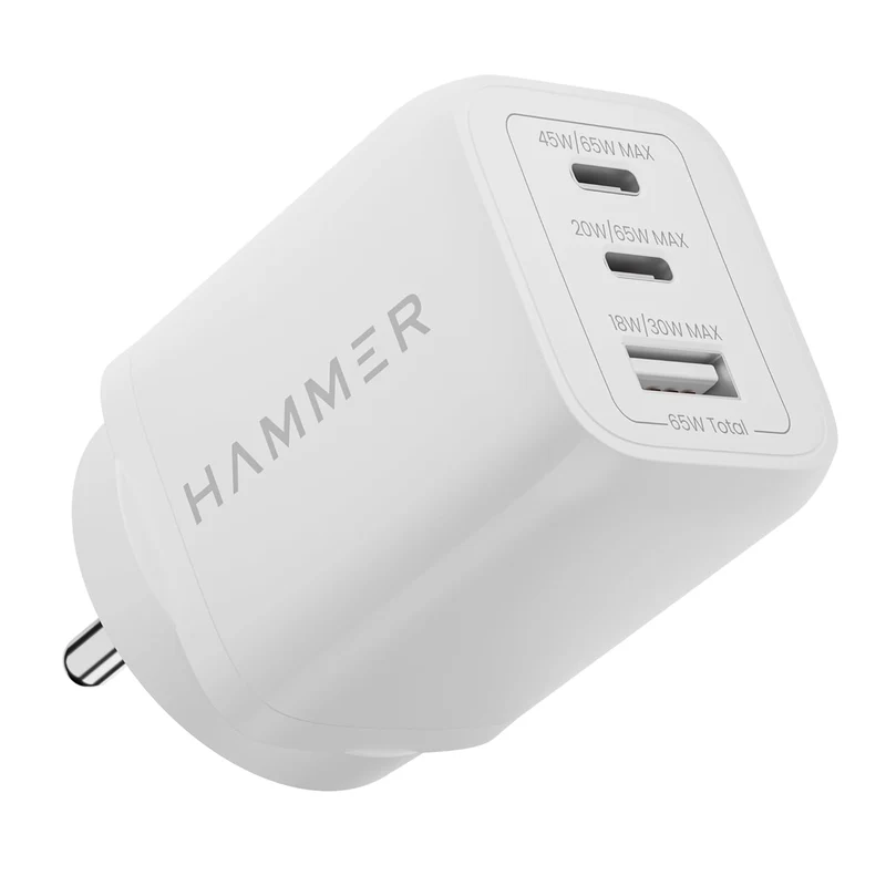 Hammer 65W GaN Charger Type C, Triple Port USB C Fast Charger Adapter for iPhone 17–12, Samsung S25–S23, MacBook, iPad, Mobile Charger C Type Fast Charging, Compact 65 Watt Charger with C Type Cable