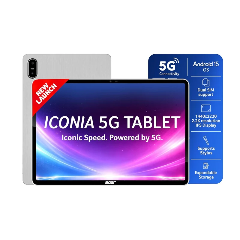 Acer Iconia 5G Tablet|11.45" 2.2k”90Hz IPS Display, MediaTek 8791 Processor, 8GB RAM + 128GB Storage, 16MP Rear+8MP Front Camera,Wi-Fi + 5G Volte, Android 15,BT 5.2, Slim Metal Body