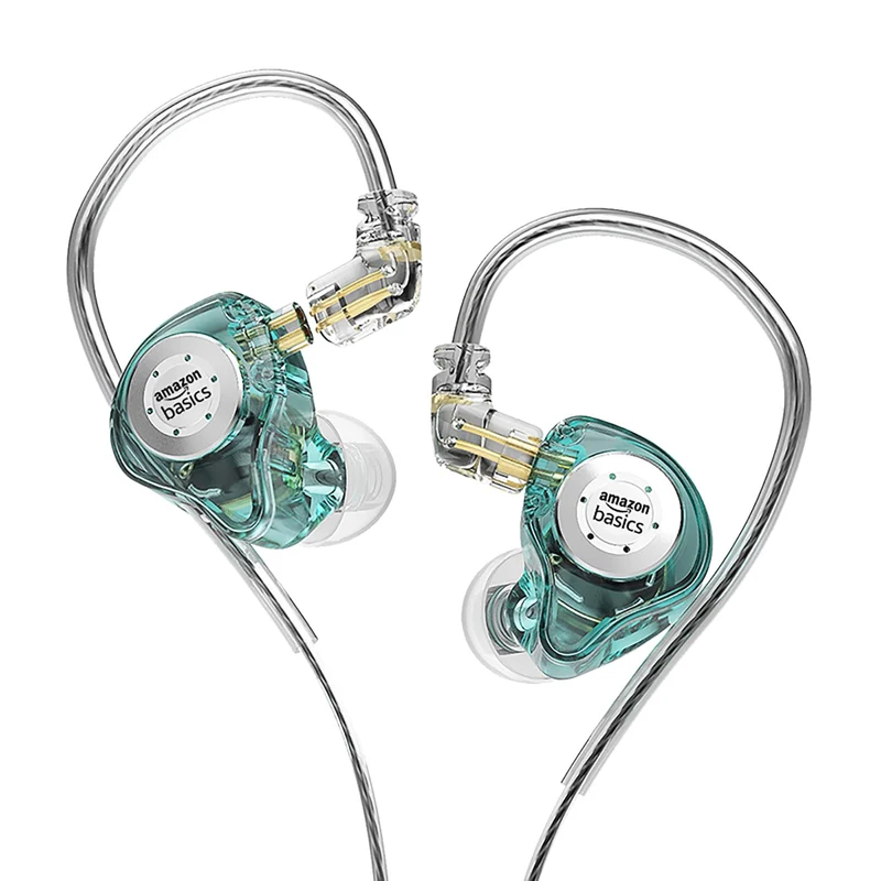 Amazon Basics Pro Series IEM Earphone, HiFi Stereo | 3.5 mm Plug| Dual Magnetic Circuit Dynamic Driver | Resin Inlay Metal Body | Detachable 5N OFC Cable | with Mic |for Audiophiles & Musicians |Cyan